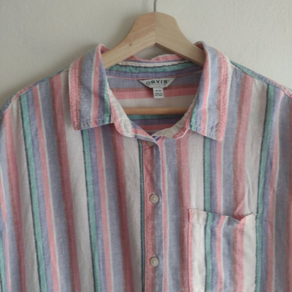 Orvis Womens Striped Button-Up Shirt M Pink Blue White Breathable Relaxed Top - Picture 2 of 9